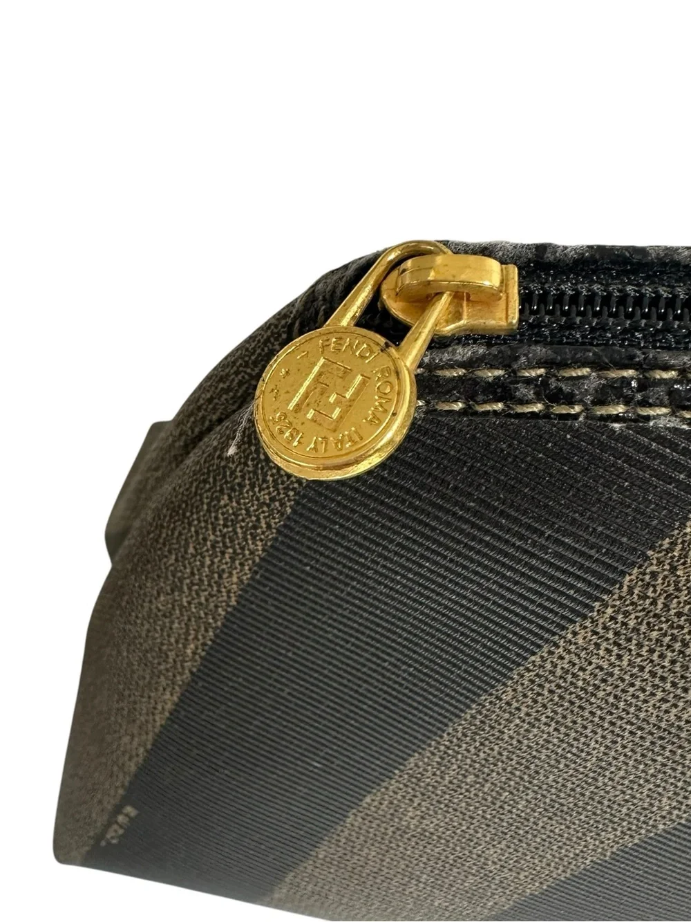 FENDI Black & Tan Pequin Striped Coated Canvas Leather Dome Clutch Pouch